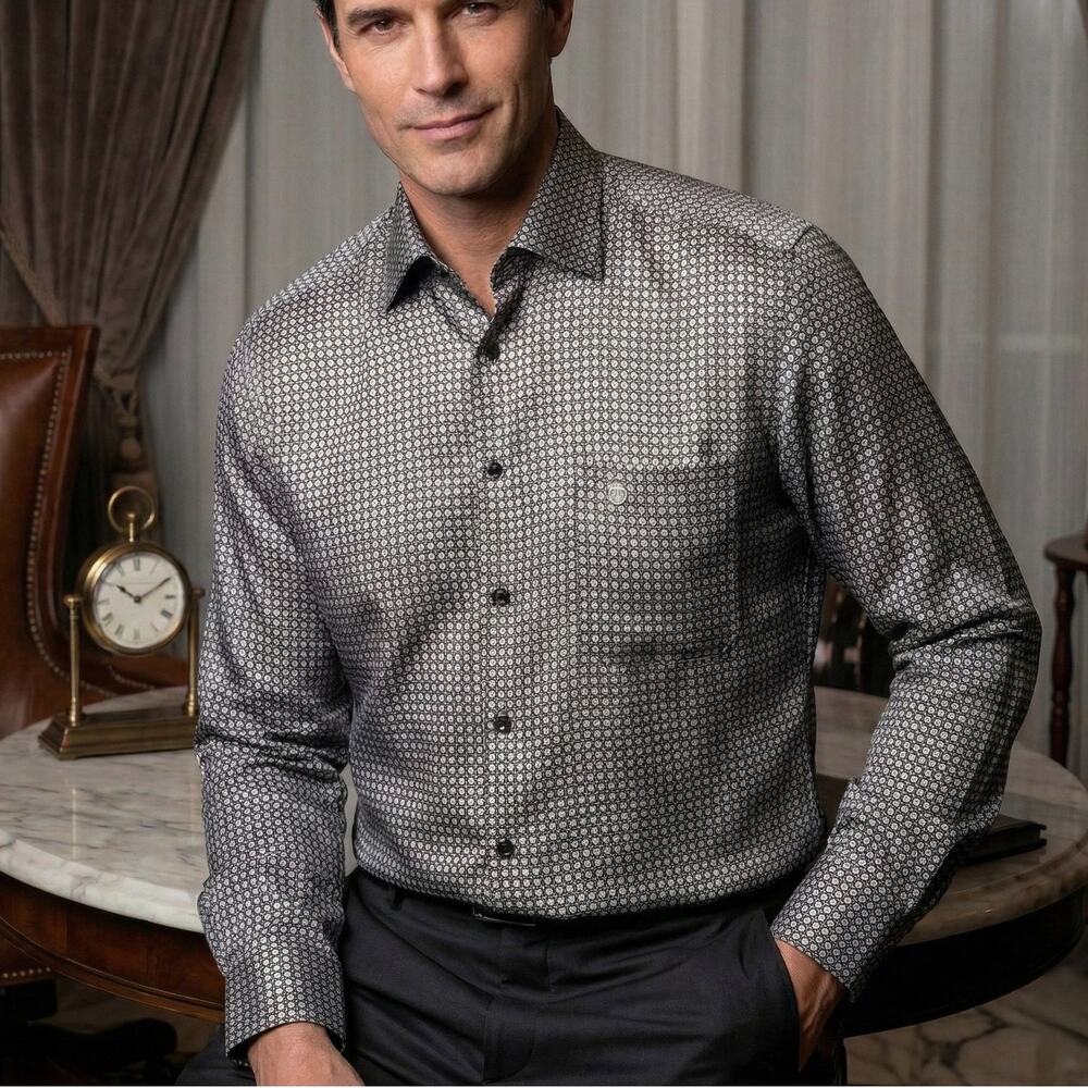 Stefano Ricci 100% Silk Dress Shirt Royal Eagle logo Geo print M/L